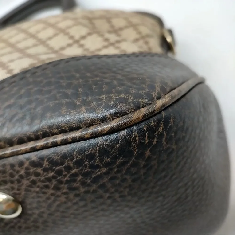 Auth GUCCI Brown Beige Canvas Brown Leather Diamanté Catherine Dome Handle Bag